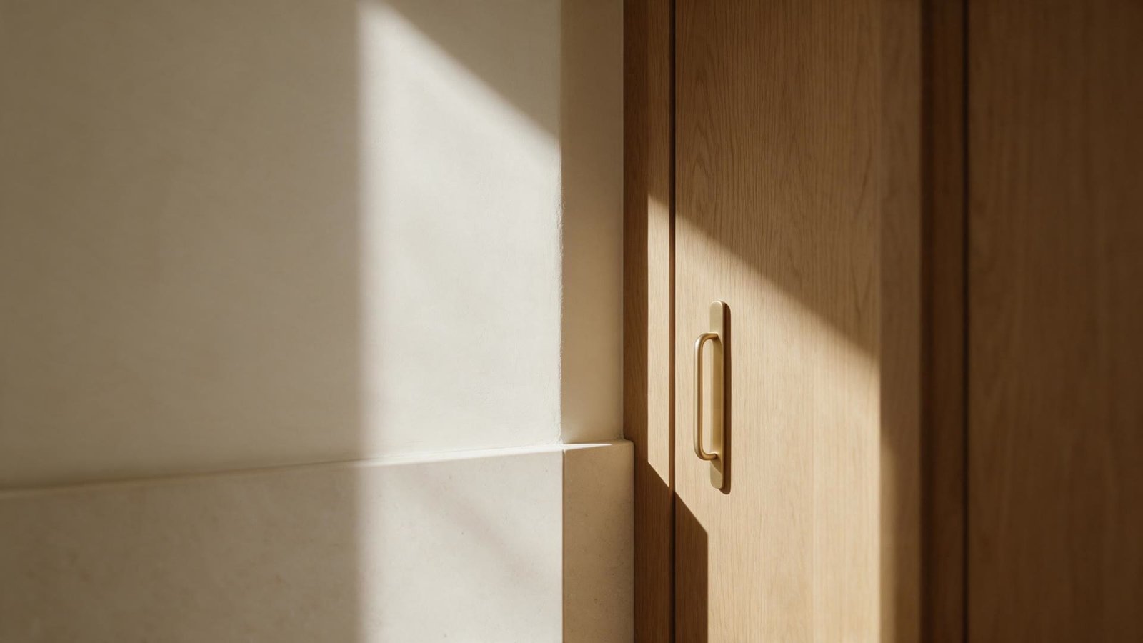 Cream plaster meeting oak joinery inside the clinic, with a band of daylight across the corner
