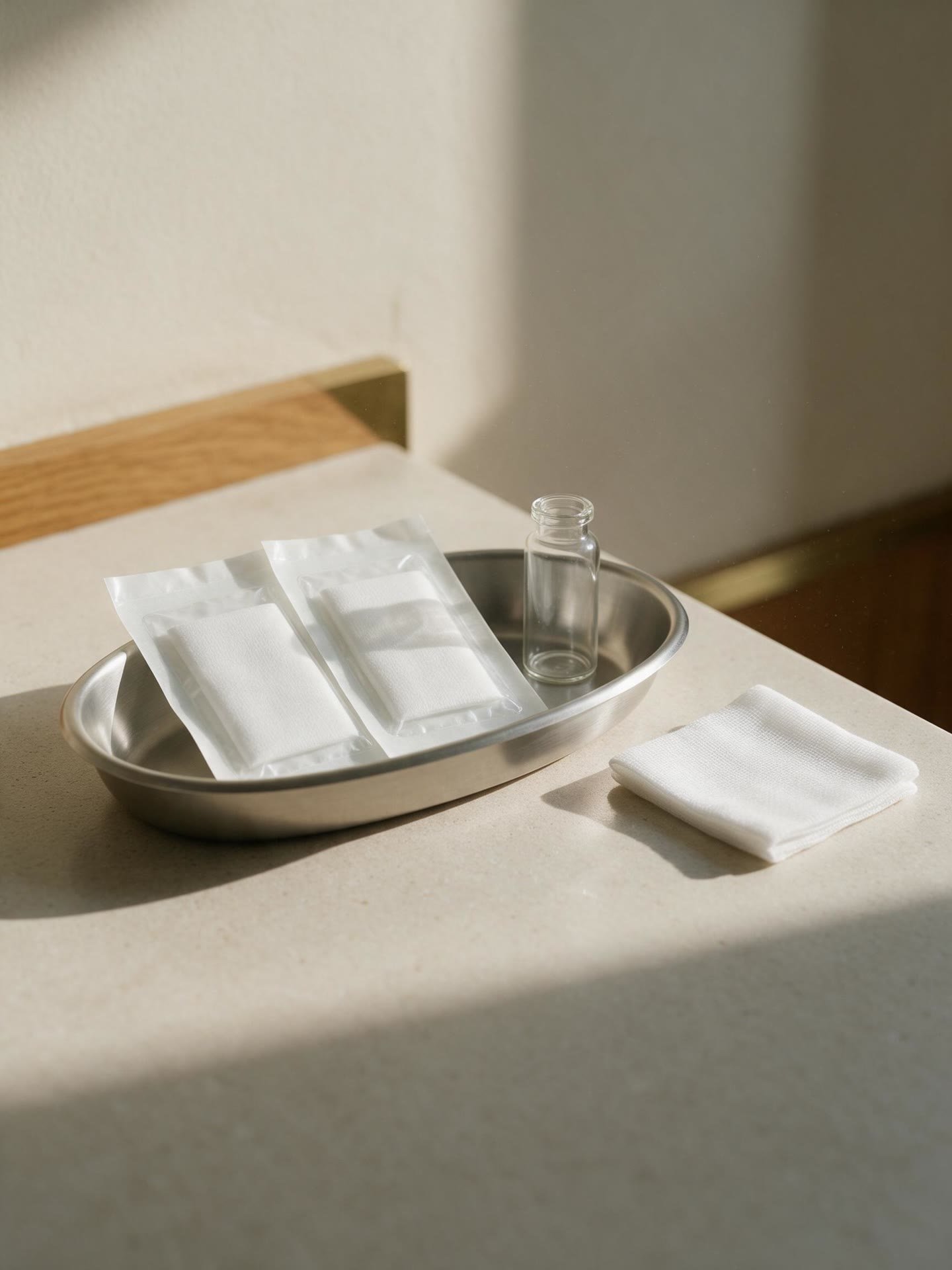 A sterile tray and sealed instrument packs on the worktop in daylight